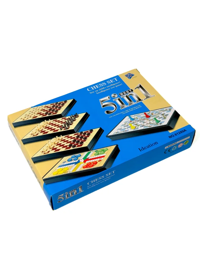 5-in-1 Wooden Board Game Set – Ludo, Chess, Snakes & Ladders, Chess & Checkers